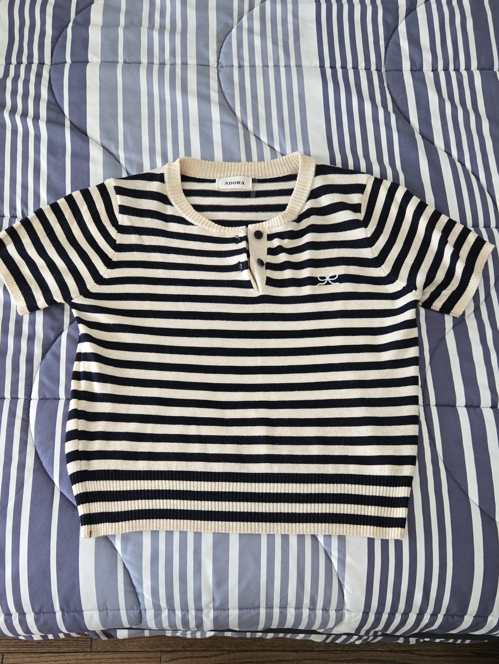 ADORA Navy and Cream Striped Short-Sleeve Knit Top